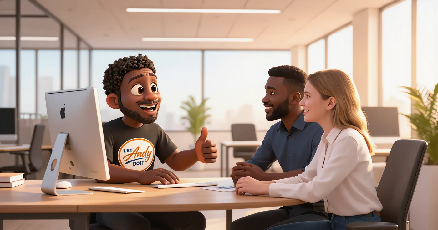 Andy helping clients at an office desk